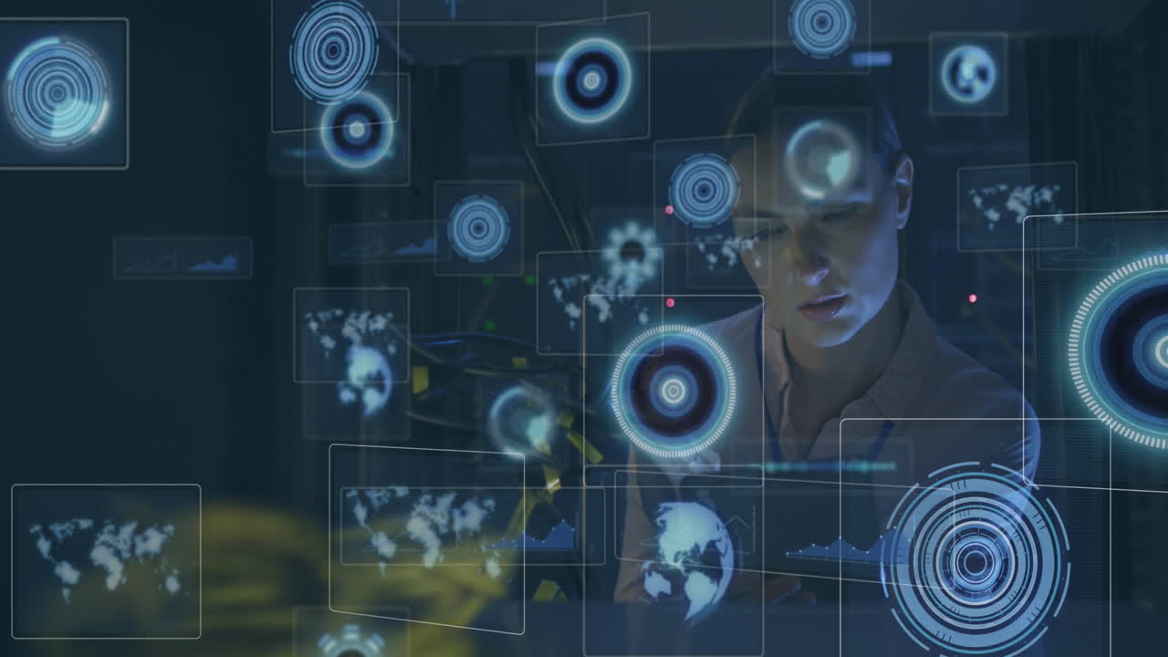 Animation of data processing over caucasian female it engineer with tablet checking computer servers