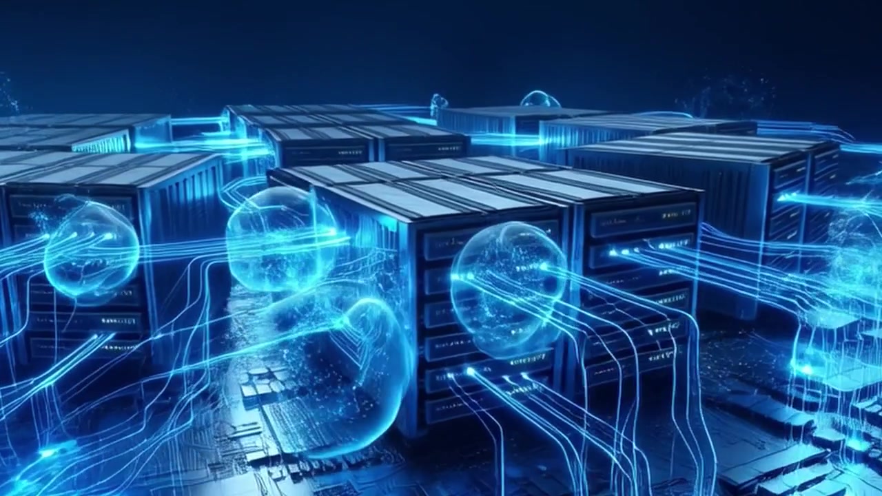 Digital Data Center Servers Processing Information with Glowing Network Connections