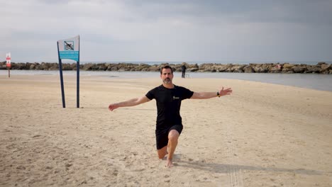 lunging exercising on white sandy beach