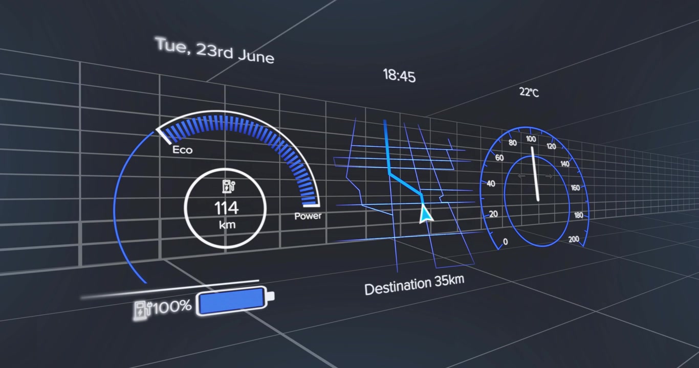 Showing cluster charging battery from 9% to 100% then discharging to 13% with eco gauge adjusting