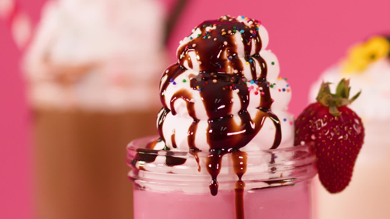 Un cremoso frappè alla fragola rosa, guarnito con panna montata, salsa al cioccolato e una fragola fresca