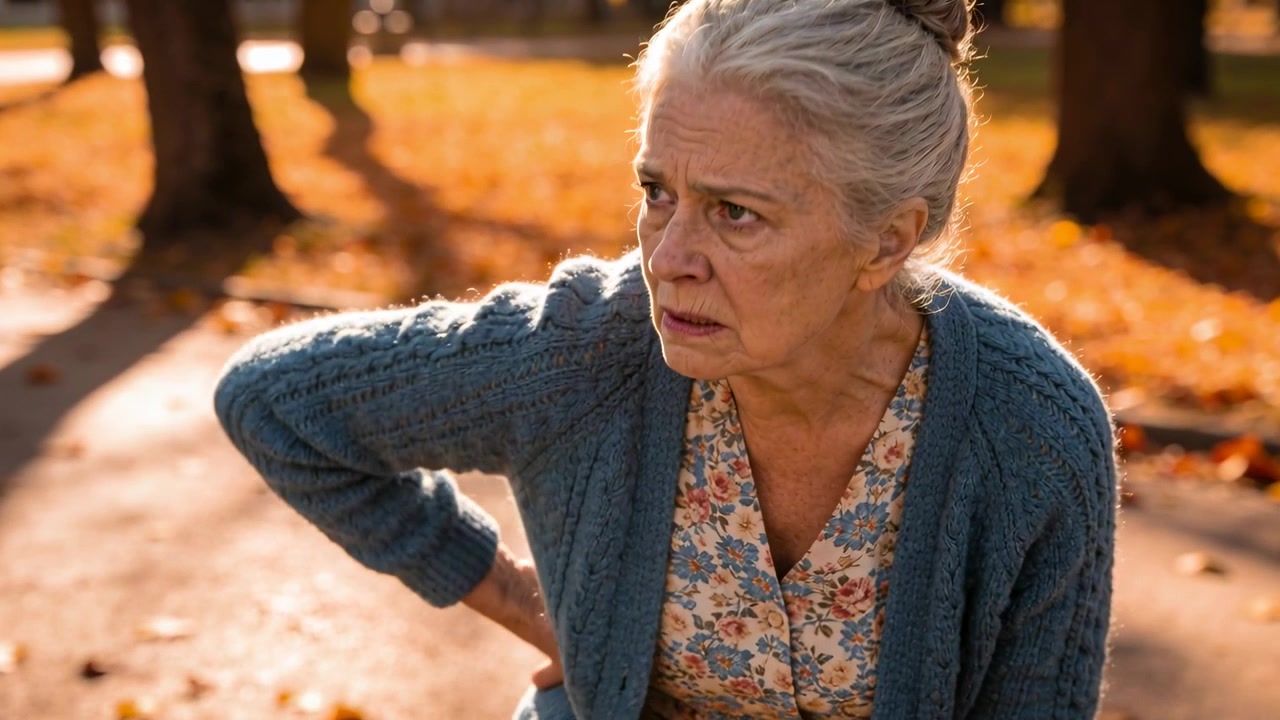 Donna anziana che reagisce afferrandosi la parte bassa della schiena dopo un improvviso spasmo su un sentiero del parco, indossando un cardigan blu.