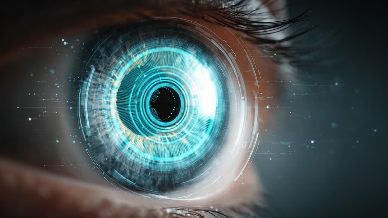 Close-Up of a Futuristic Eye with Digital Interface: Exploring Visual Technology and Cybernetic Enhancements for Enhanced Perception and Vision