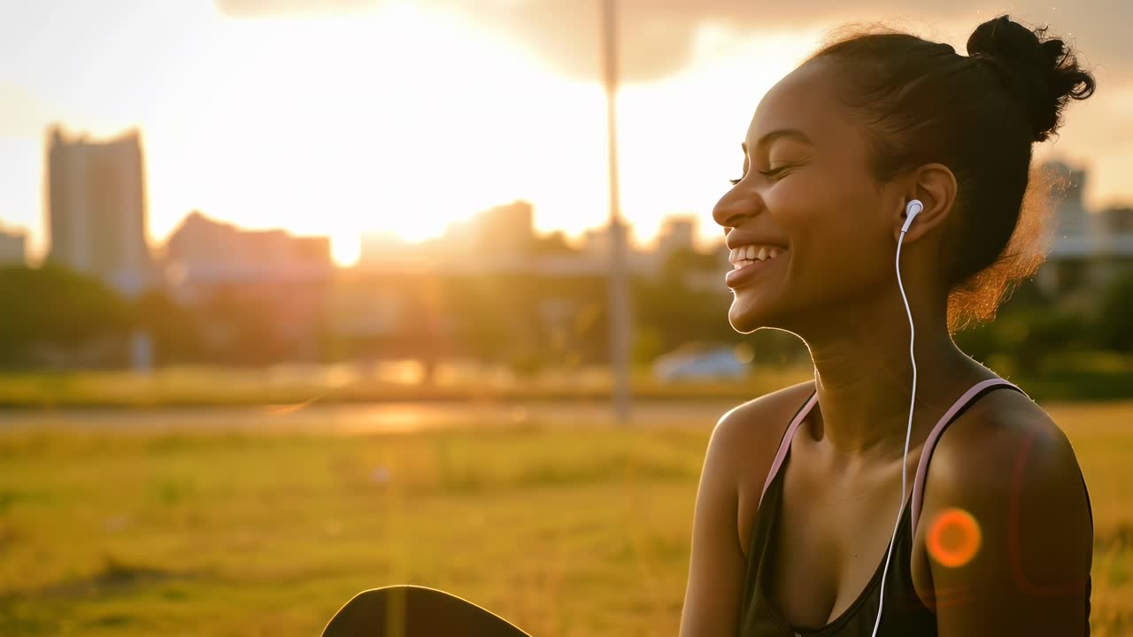 Uma mulher alegre com fones de ouvido curtindo música ao pôr do sol em um parque. Capturada em close-up, ângulo lateral.