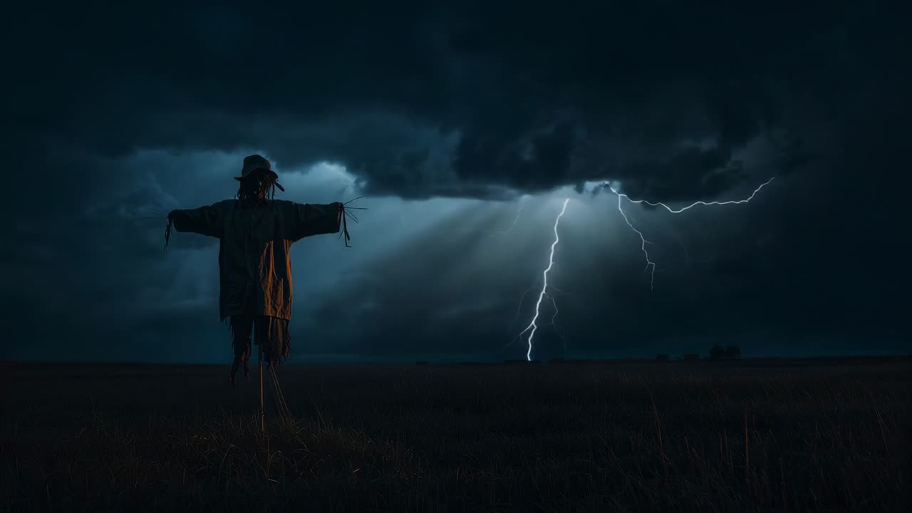 Striking lightning illuminating lone scarecrow in field at night, revealing tattered jacket and hat