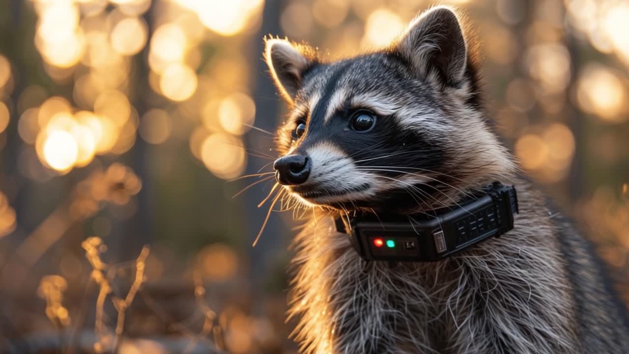 Raccoon with tracking collar at sunset