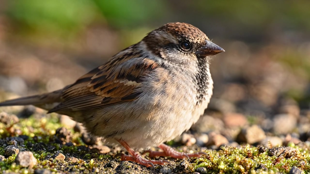 Et nærbillede af en spurv, der hviler på en naturlig overflade, viser dens unikke fjer og udtryksfulde træk i fredfyldte udendørs omgivelser.