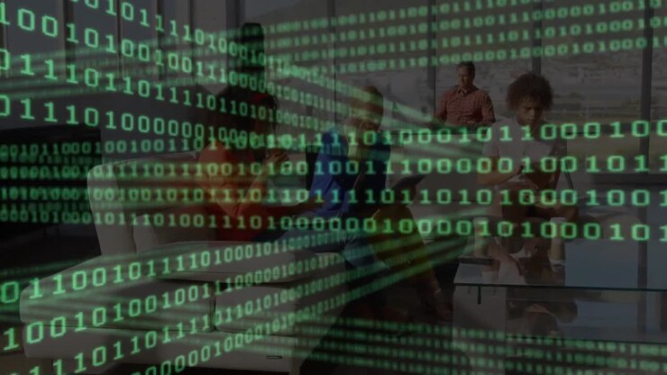 Animation of binary coding over group of diverse colleagues discussing together at office