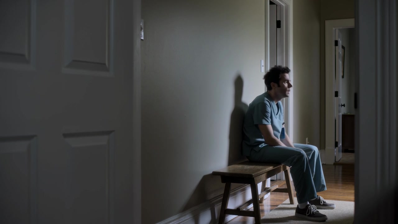 Uomo in camice blu che si alza dalla panca, reagisce alla luce, prende un fazzoletto e si dirige verso l'ingresso, con spazio per il testo.