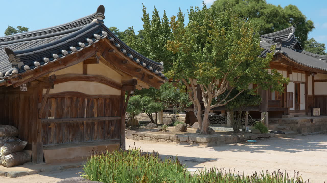 Korean Traditional Hanok Village Houses Exterior and Courtyard at Gyeongju City, South Korea