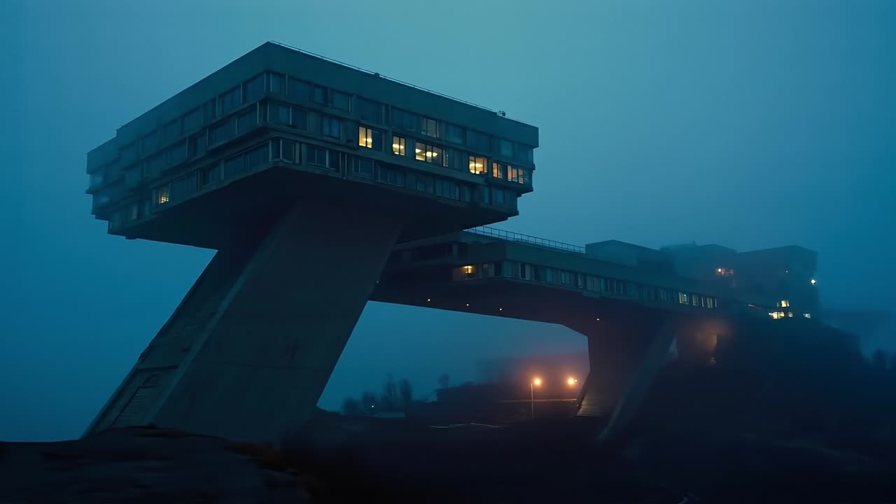 A tall building on top of a hill at night