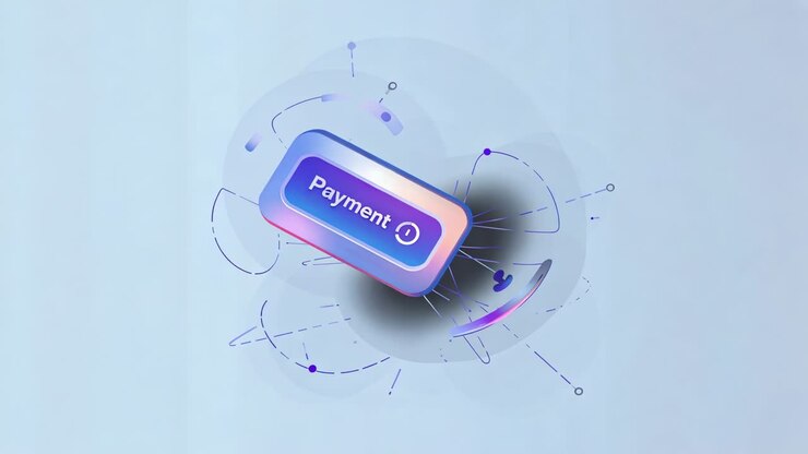 Reveal starting 3D Payment button rotating growing color arcs on pale screen for payment flow