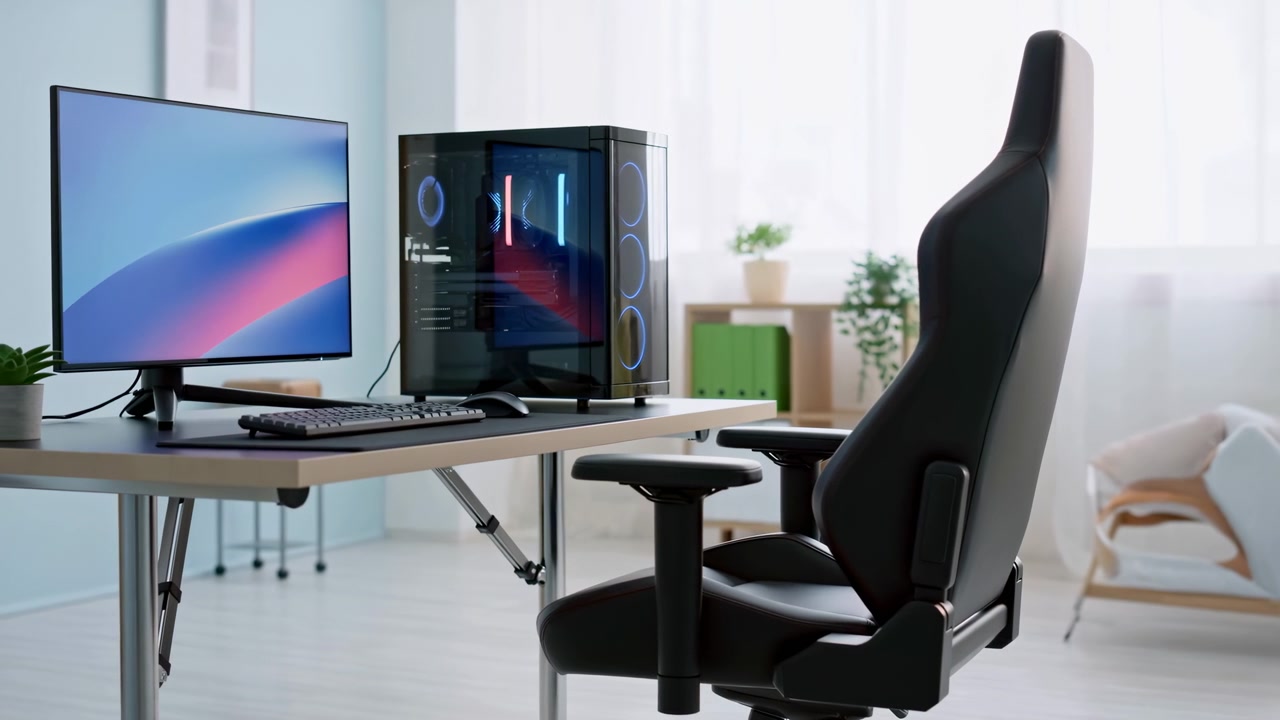 Sleek Gaming Desk With Computer Setup, Monitor Glowing Beside Glass Case With Customizable Lighting, Ergonomic