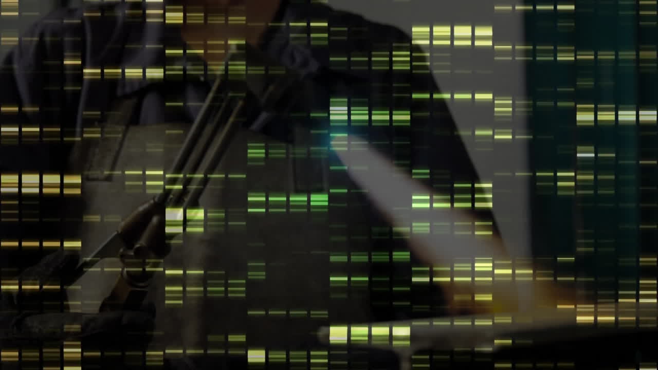 Tech creator streaming podcast with boom mic and desk lamp showing digital data overlay