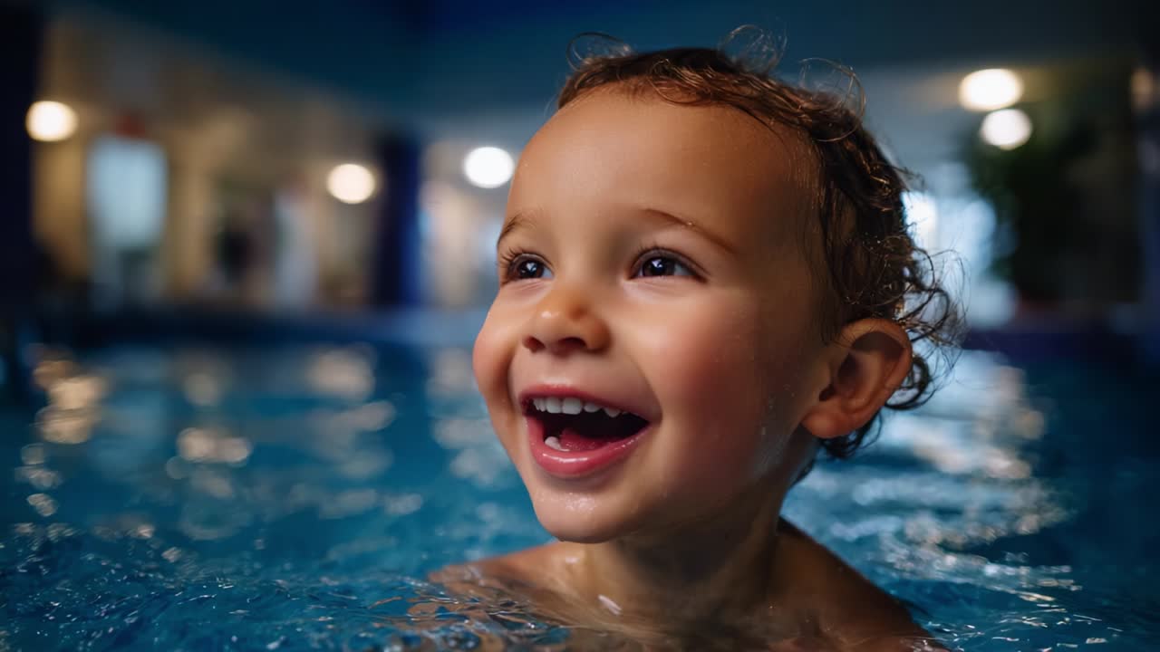 A Joyful Moment Captured: A Smiling Child in a Pool, Radiating Happiness and Playfulness in the Water, Surrounded by Soft Lighting and a Cheerful Atmosphere, Evoking Pure Delight and Innocence