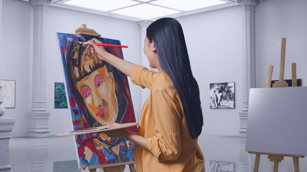 예술 갤러리에서 초상화를 그리는 여자