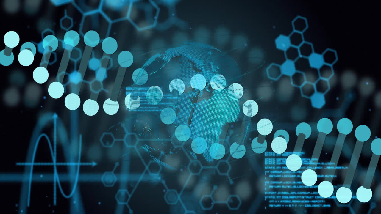 Animation of digital data processing overglobe and dna strand spinning