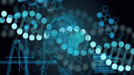 animation of digital data processing overglobe and dna strand spinning