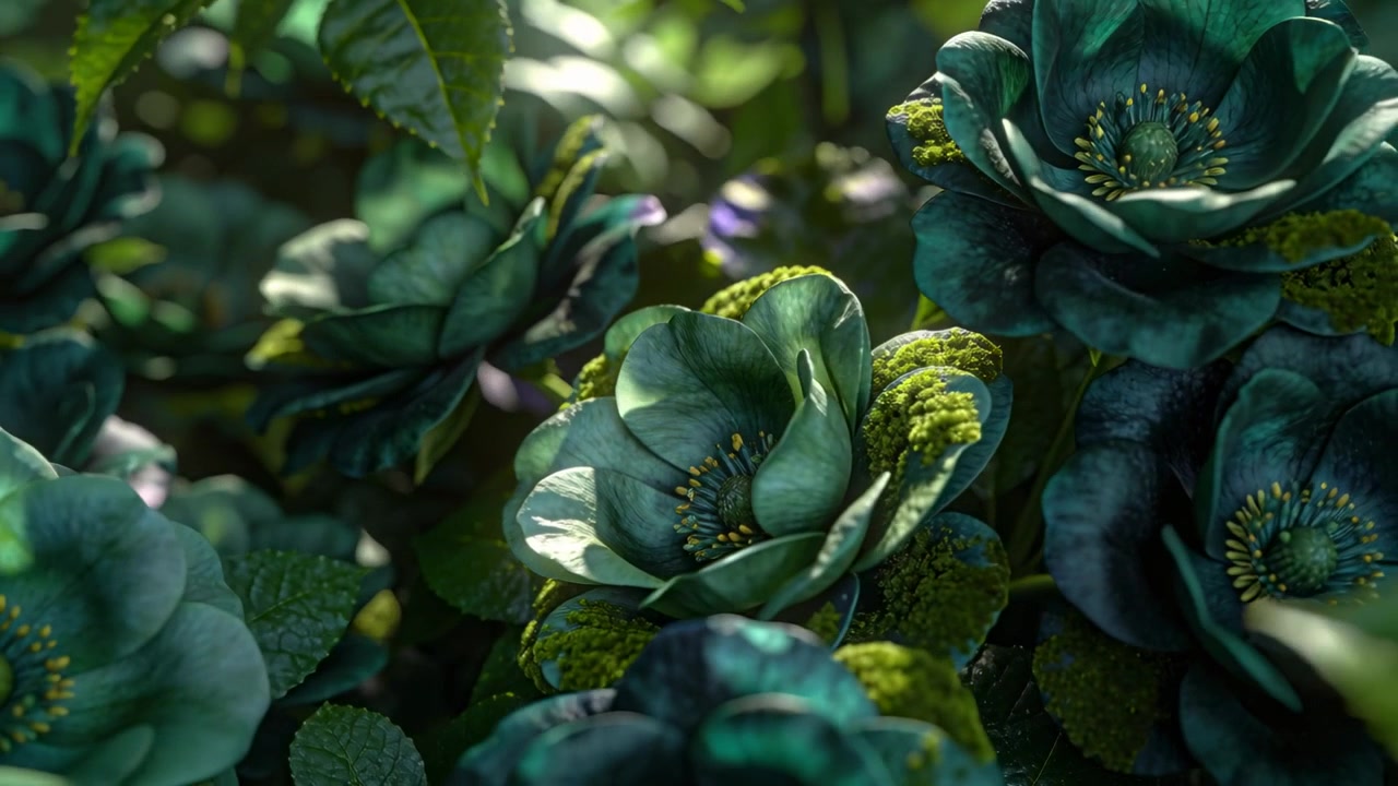 La caméra recule, révélant un bouquet de fleurs vert sarcelle, les étamines, la mousse et les feuilles pour montrer les floraisons.