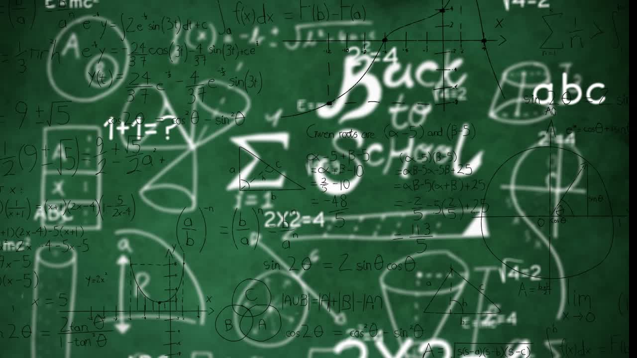 Animation of mathematical equations over back to school text banner against green chalkboard