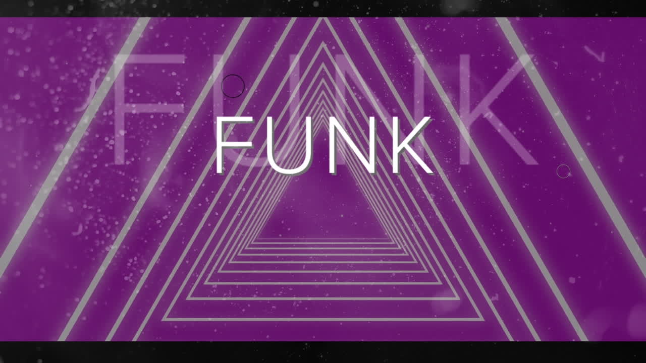 Animation of funk text in white with circles over concentric triangles moving on purple background
