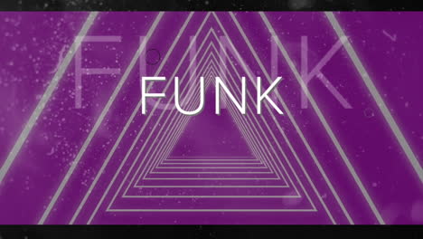 animation of funk text in white with circles over concentric triangles moving on purple background