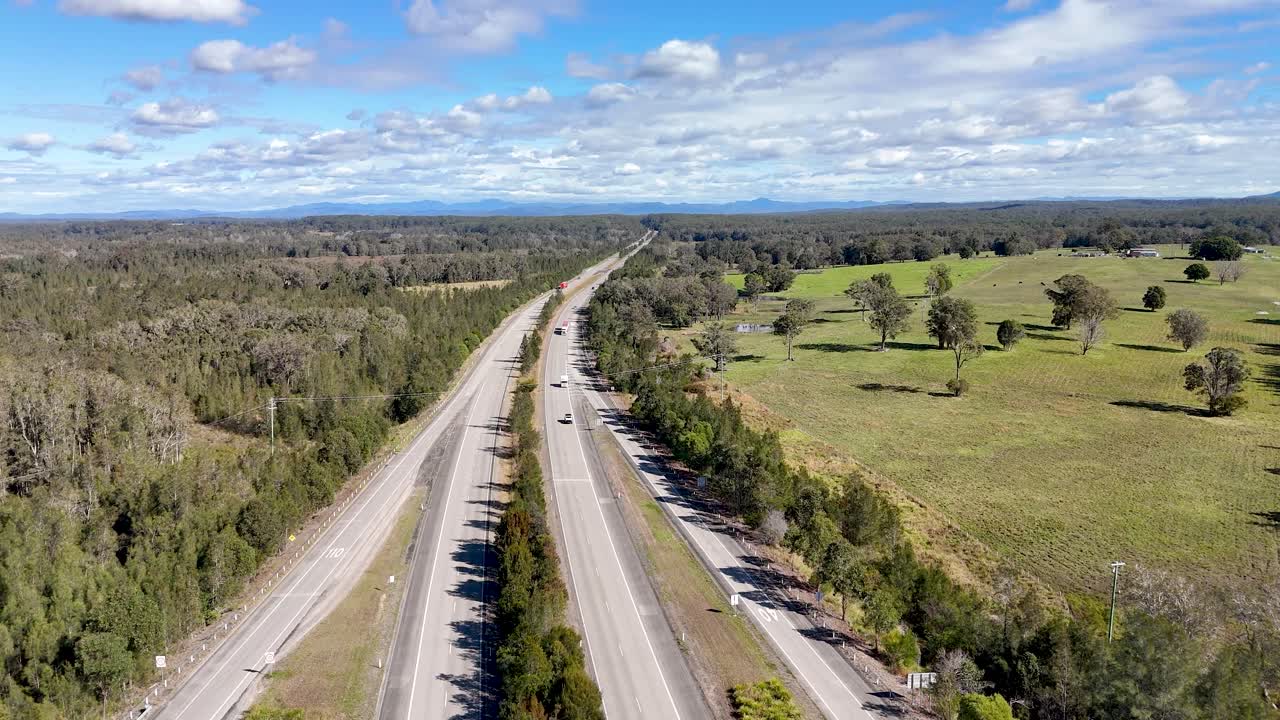 Drone footage looking south over the Pacific Highway in northern New South Wales