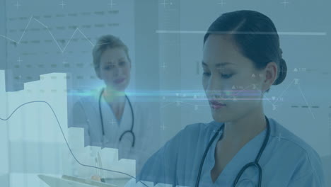 medical data analysis animation over healthcare professionals working in hospital