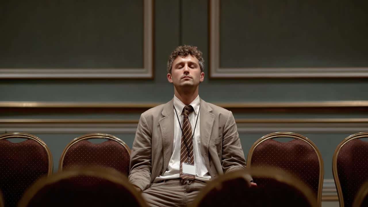 A solitary figure in a suit sits calmly amidst empty chairs in an elegant setting, embodying introspection and contemplation during a moment of quiet reflection