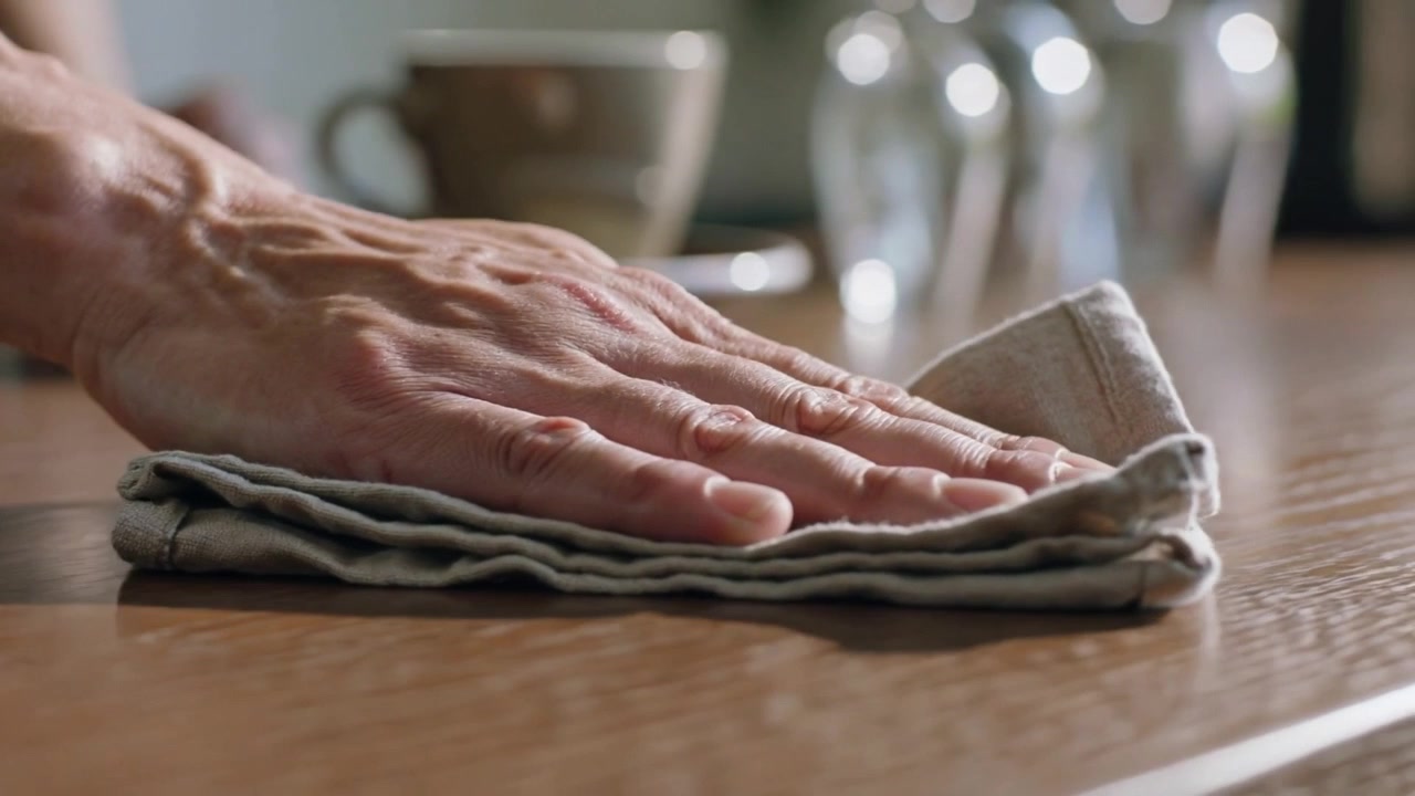 Wiping hand in short-sleeve shirt sliding folded cloth across wood table after meal