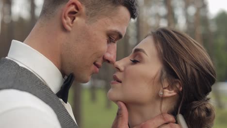 recién casados, novio caucásico con la novia caminando, abrazándose, abrazándose en el parque, pareja de bodas