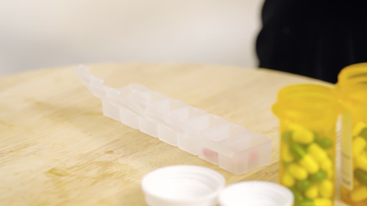 Medico o farmacista professionista che prepara il dispenser di farmaci per i pazienti. Portapillole medico con dosi di compresse per l'assunzione quotidiana di farmaci, con farmaci e capsule colorate, trattamento sanitario