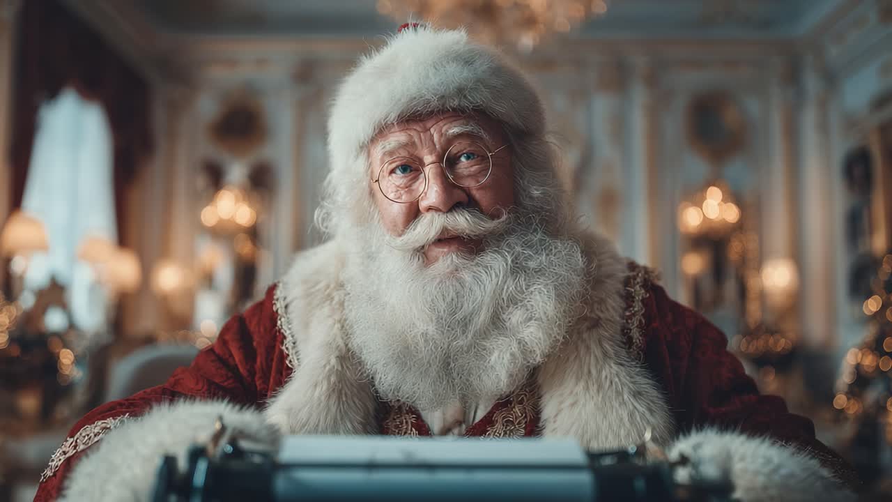 Allegro Babbo Natale in una stanza festiva, concentrato sul suo compito, che cattura la magia delle feste con calore e allegria attraverso la sua gioiosa presenza
