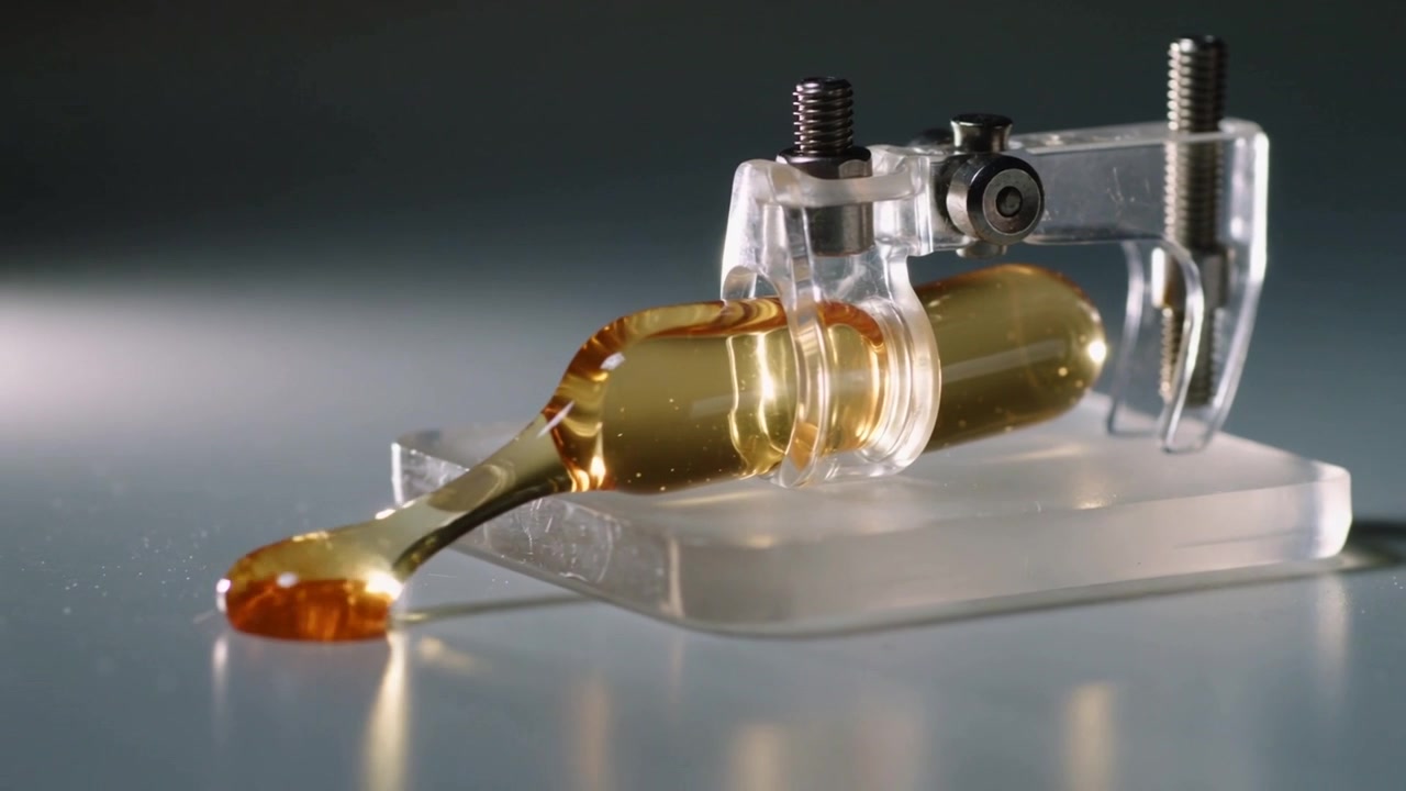 Una pinza in movimento stringe una capsula softgel, un'incisione rilascia olio dorato su una base acrilica, un cucchiaio raccoglie.