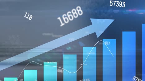animación del procesamiento de datos y flecha sobre formas en fondo azul y blanco