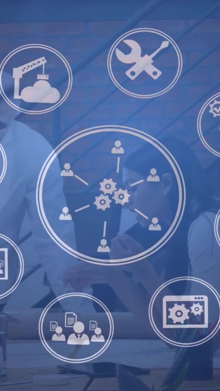 Animazione di rete di icone su diversi professionisti in ufficio