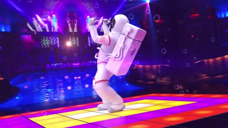 astronauta genial bailando en un escenario de discoteca - la cámara se mueve