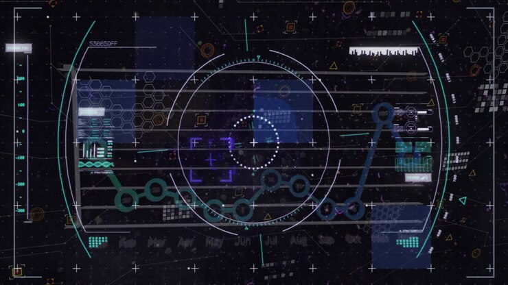 Animation of light trails and scope scanning over statistical data processing on black background