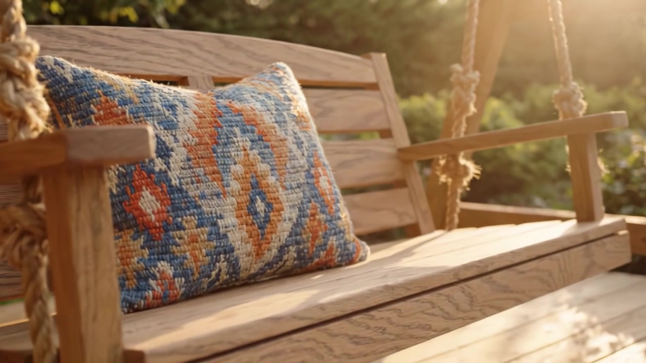 Un accogliente set di altalene in legno con uno sfondo di cuscini decorativi colorati, in un sereno ambiente da giardino esterno, perfetto per il relax e per godersi la natura.