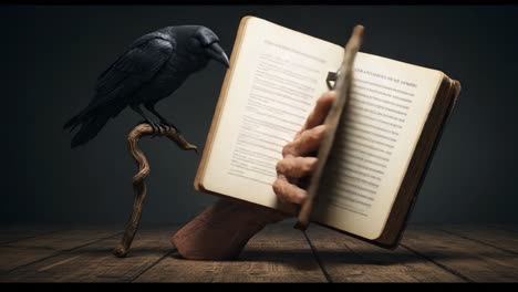 a mysterious raven observes an ancient book as a weathered hand emerges to hold its pages, invoking themes of knowledge, secrets, and the passage of time