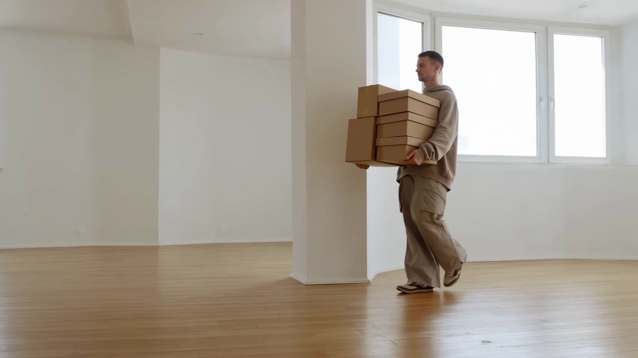 Homem Carregando Caixas em Apartamento Vazio Iluminado pelo Sol, Piso de Madeira, Luz Natural, Trabalhador de Entrega Casual Transportando
