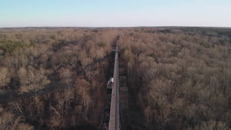 volando sobre el sendero del puente alto, un puente de ferrocarril de la guerra civil reconstruido en virginia, mientras desaparece en el bosque