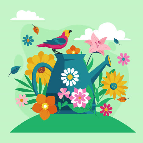 beautiful spring scene with bird and watering can