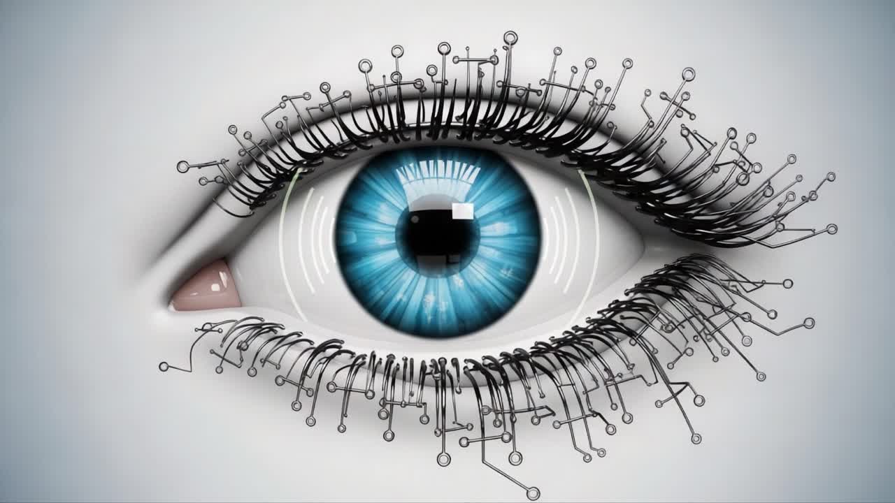 A Stunning Close-Up of a Futuristic Eye with Electric Hair-Like Structures Reflecting a Blend of Technology and Beauty, Highlighting the Intricacies of Vision and Innovation