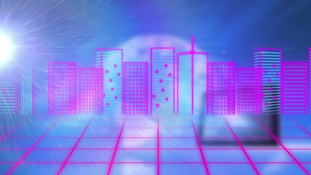 Animação de pontos de luz sobre cidade digital.