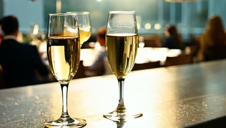two glasses of white wine on a bar