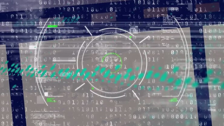 Animation of scope scanning over financial and binary coding data processing against blue background
