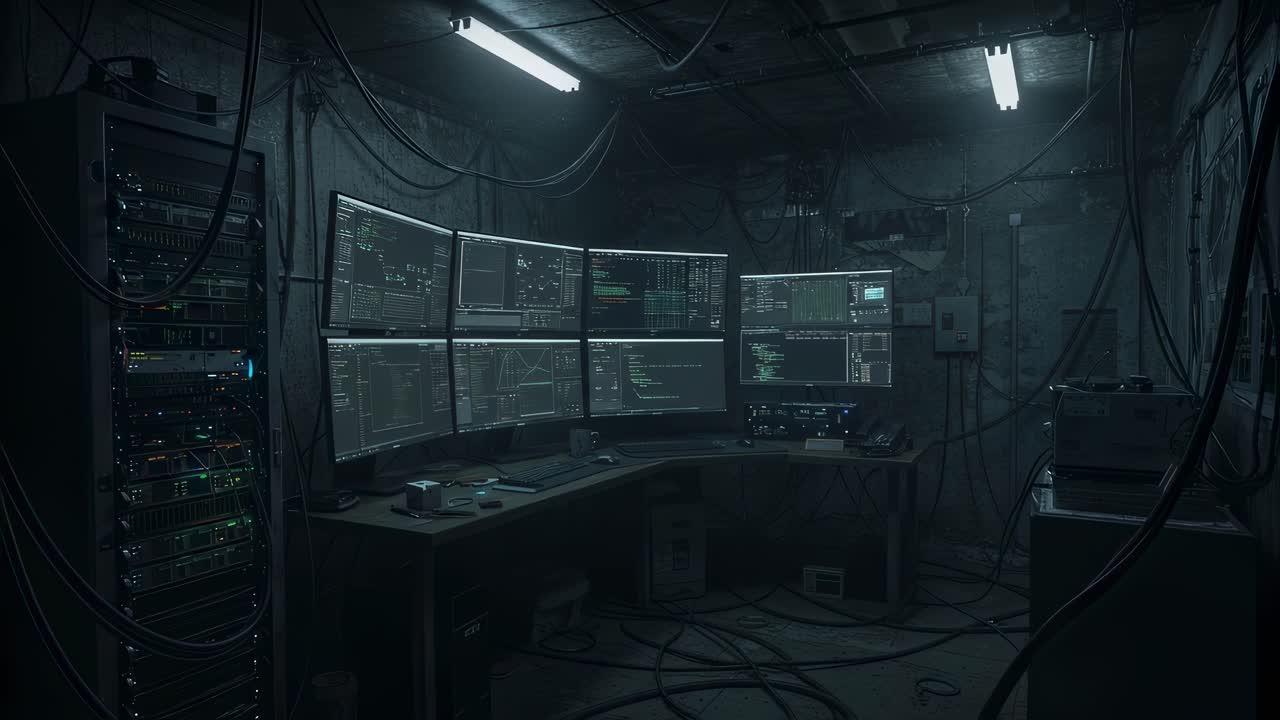 High-tech workspace in a dimly lit room filled with monitors, computers, and cables showcasing code and data analysis