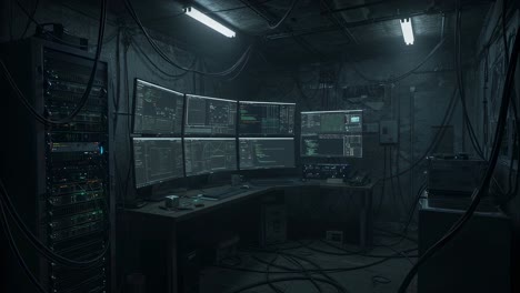 high-tech workspace in a dimly lit room filled with monitors, computers, and cables showcasing code and data analysis
