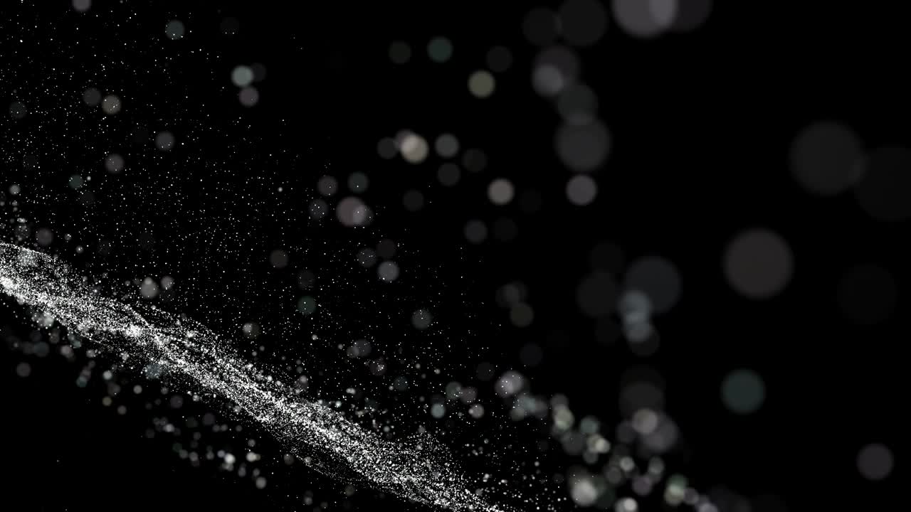 Seamless loop, black digital abstract background with wave white particles, glow sparkles and space with depth of field. Particles form lines, surface and grid.